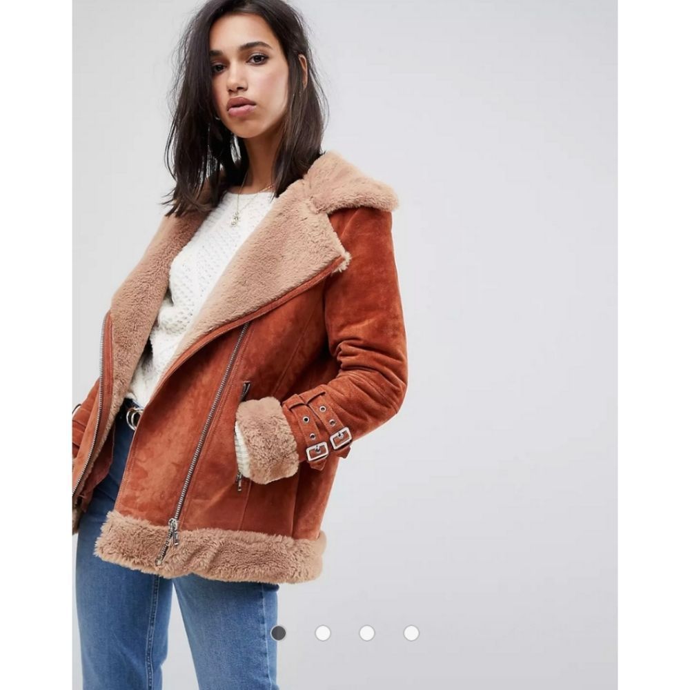 Womens Tan Shearling Lined Suede Biker Jacket